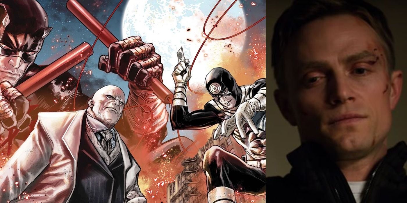Split image of Daredevil, Kingpin, and Bullseye in Zdarsky's comics, and a distressed Bullseye in season 3