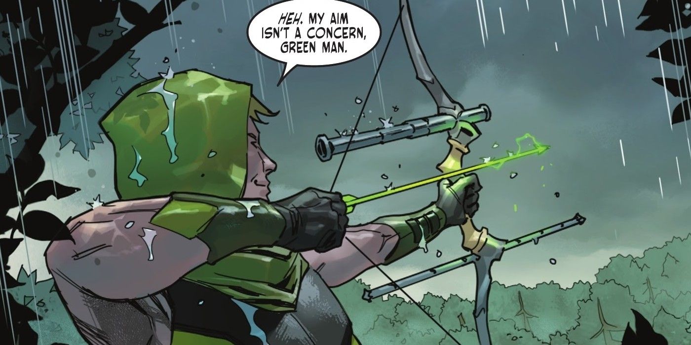 Green Arrow fires an arrow in panel from Dark Knights of Steel