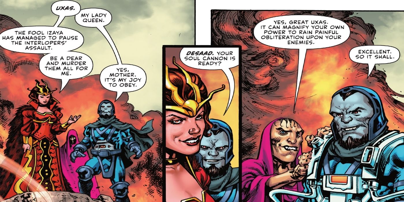 Darkseid (as Uxas) surveys the destruction