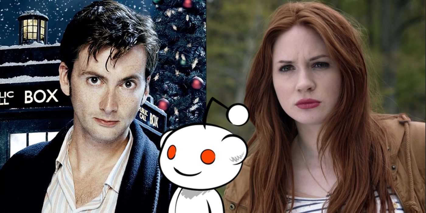 Split image of the Doctor at Christmas and Amy Pond looking concerned in Doctor Who.
