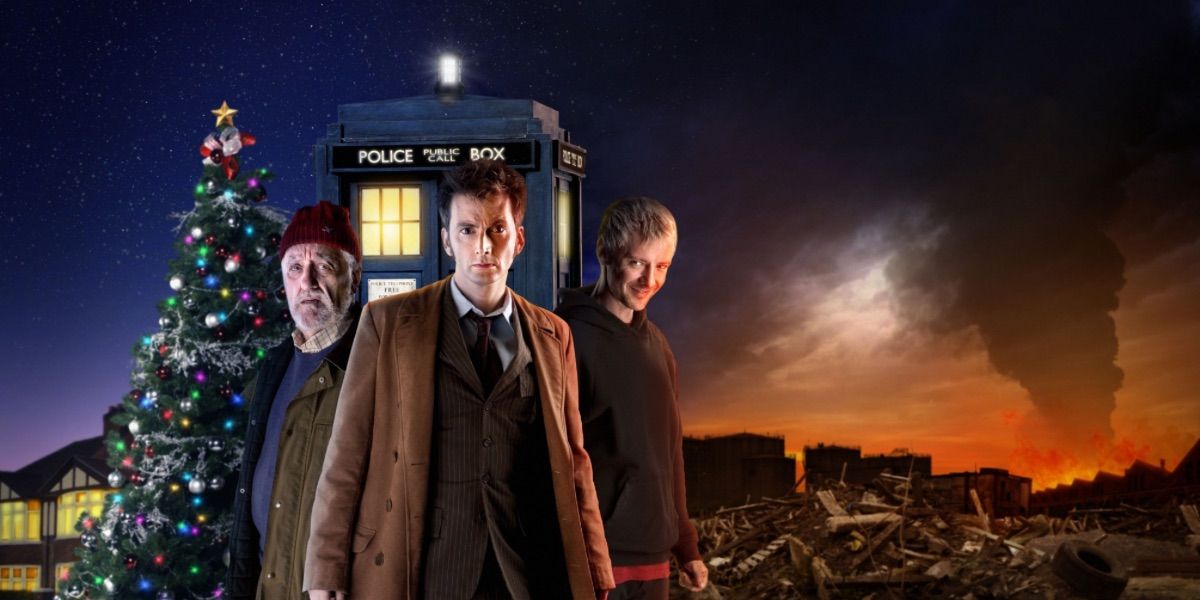 Promotional photo of the Doctor, the Master, and Wilfred Mott for Doctor Who's The End of Time: Part One.