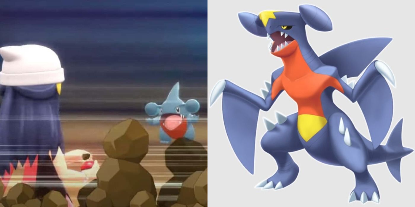 Imagem dividida de Dawn encontrando um Gible selvagem e arte oficial de Garchomp em Pokémon.