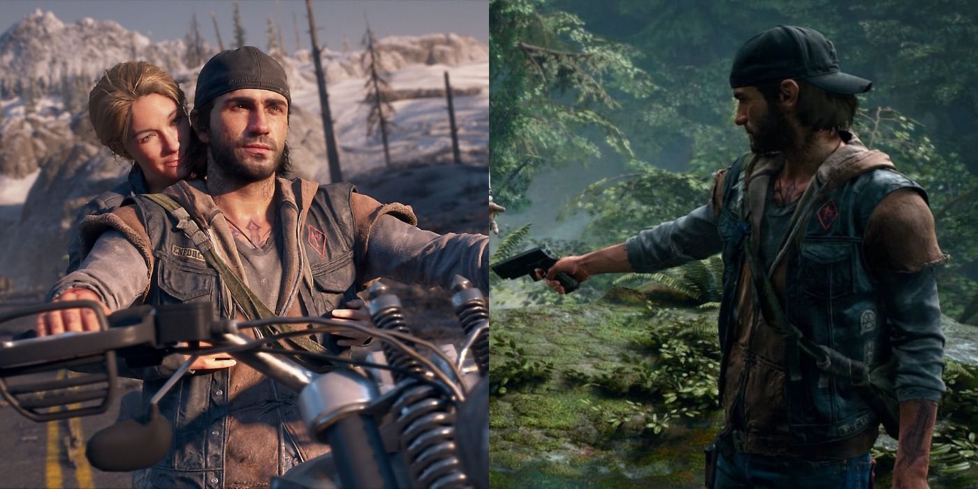 Split image of Deacon and his girl on a motorcycle & Deacon with a gun in Days Gone.