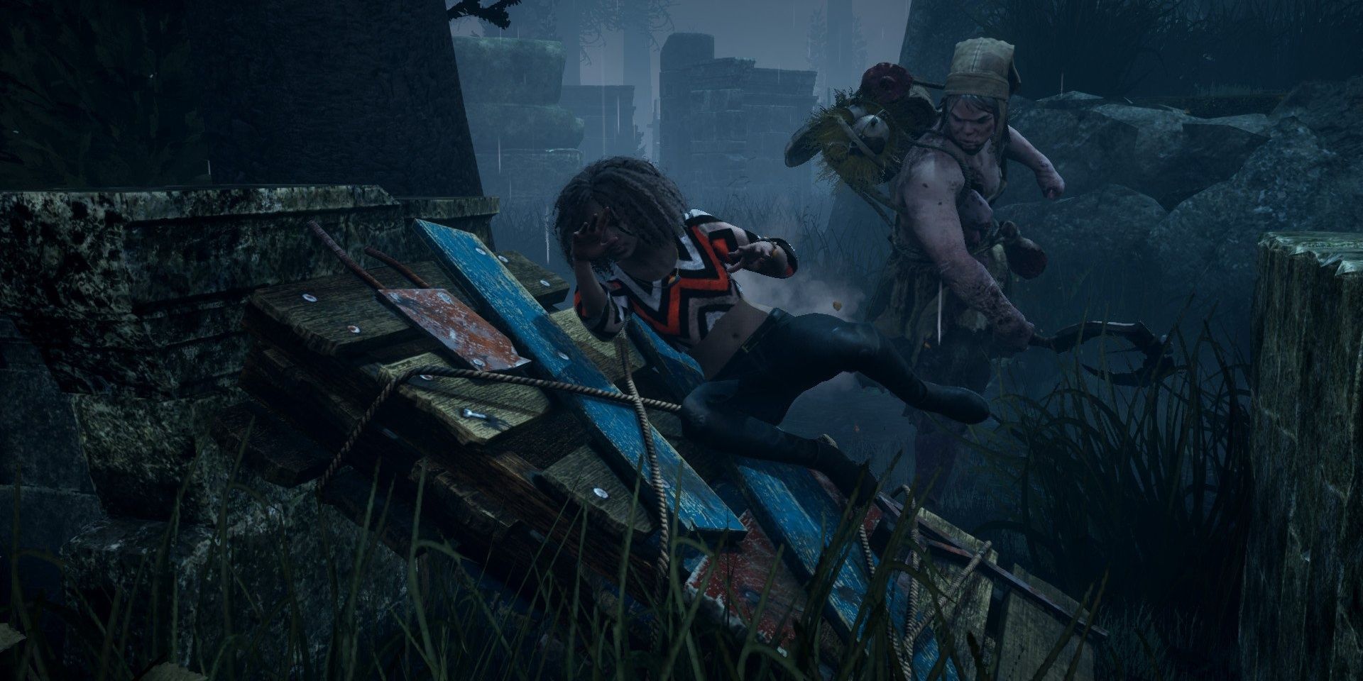 Elodie vaulting over a pallet while in a chase in Dead By Daylight. 