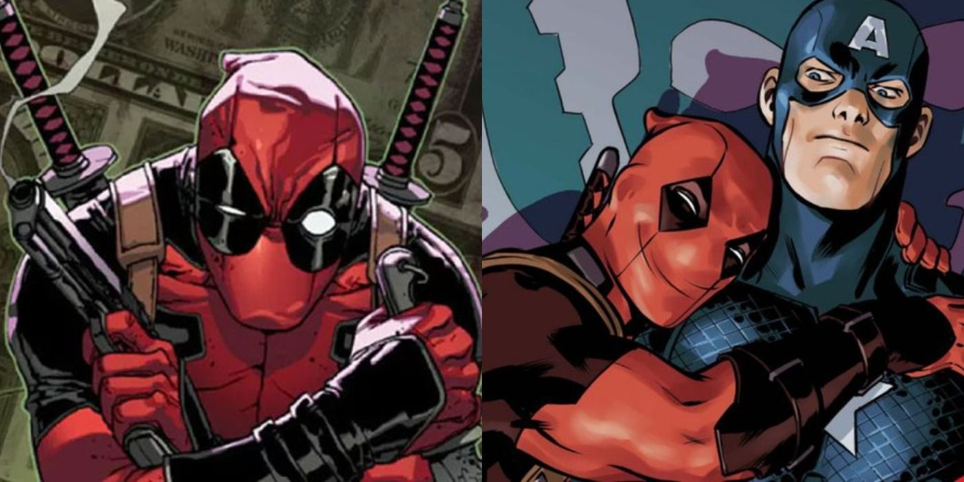 Split image of Deadpool holding a gun and knife and lovingly hugging an annoyed Captain America
