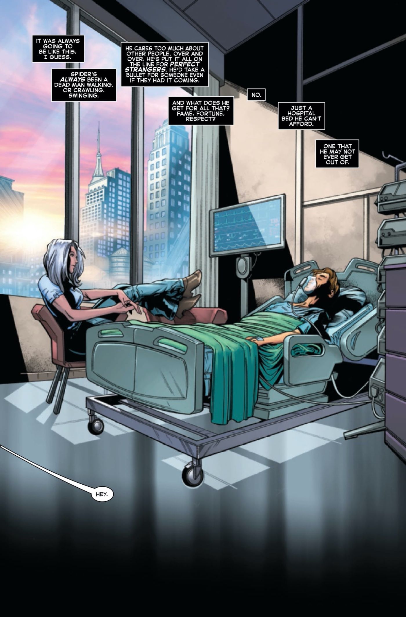 Black Cat sitting by Peter Parker's bedside
