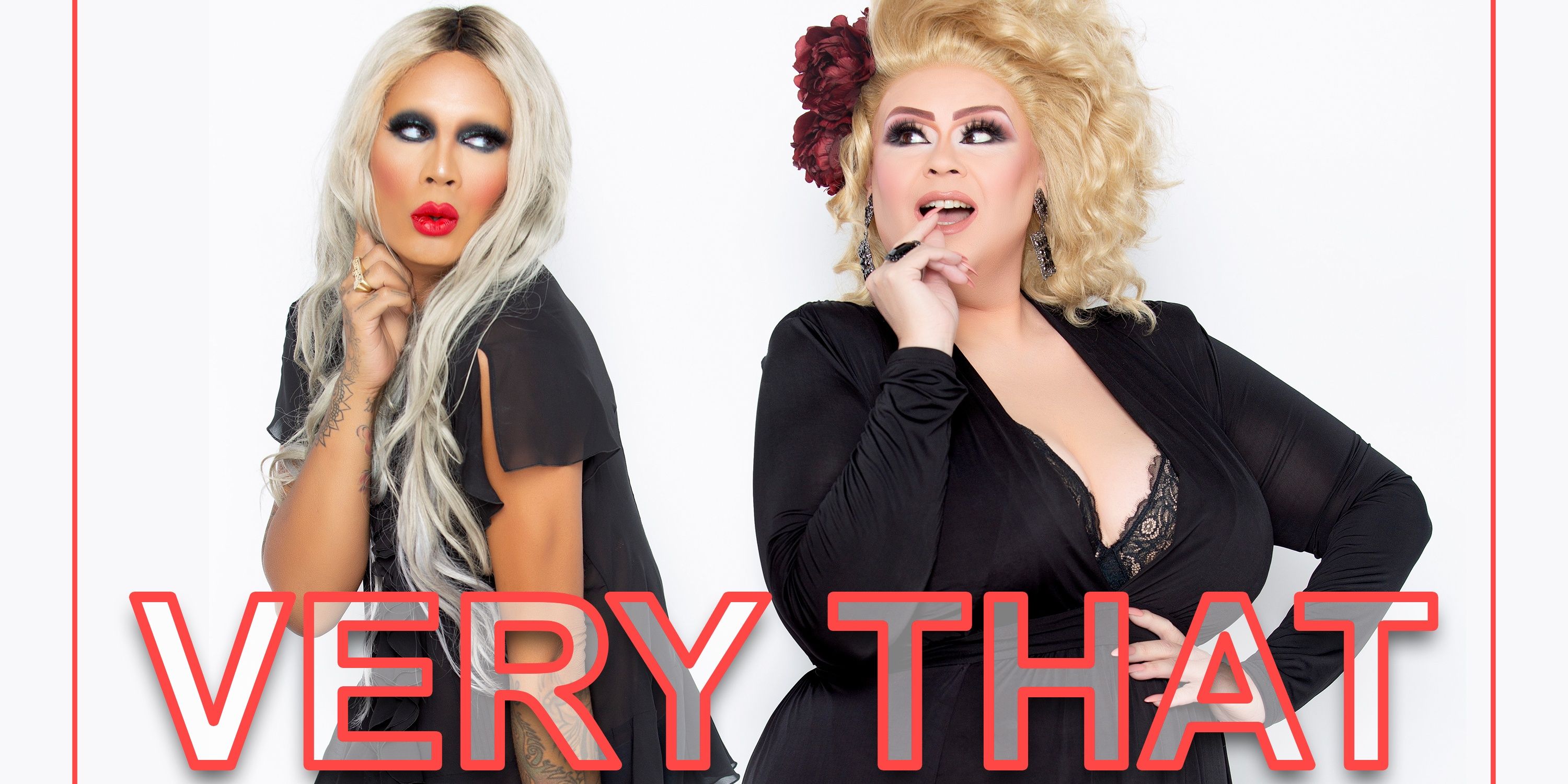 Delta and Raja laying a finger on their mouth and looking at each other on the cover of Very That podcast 