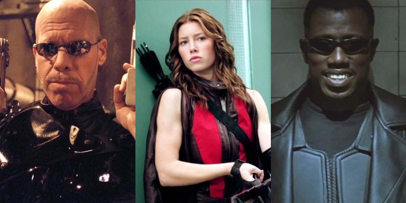 Three images showing Dieter Reinhardt, Abigail Whistler, and Blade in the Blade trilogy.