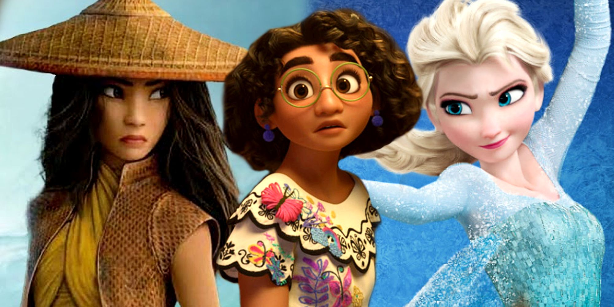 Disney Animated Movie Protagonists Elsa, Raya, and Mirabel