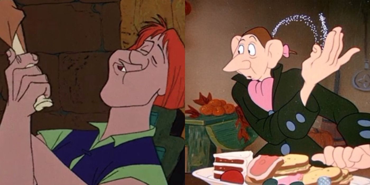 Split image of Ichabod and Sir Kay enjoying Disney foods