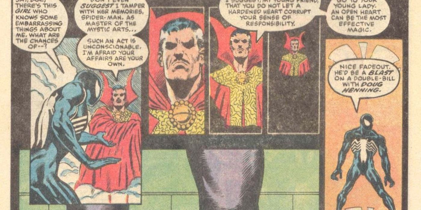 Doctor Strange performs a spell on Spider-Man in Marvel Comics.