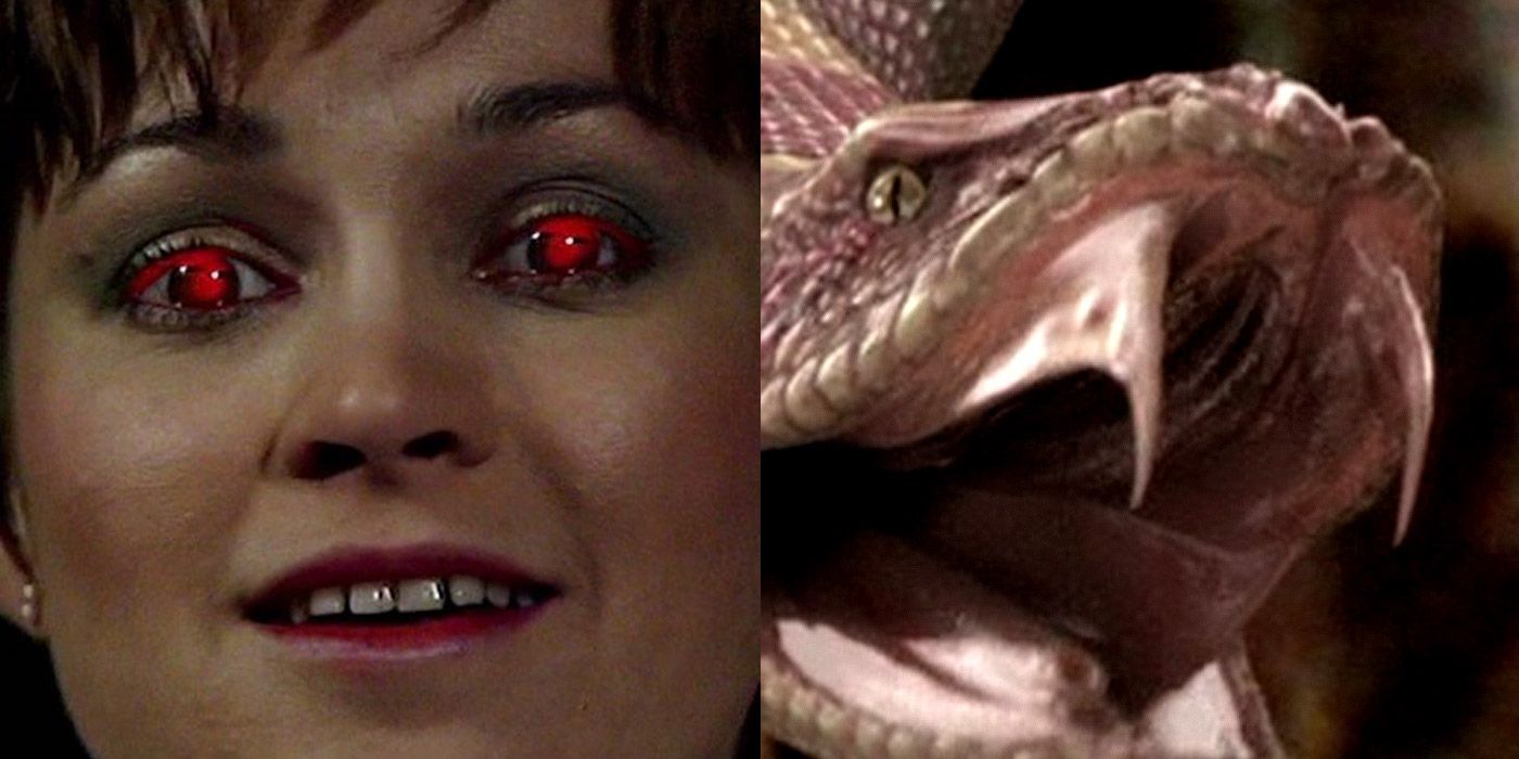Split image of Tegan and the Mara in Doctor Who