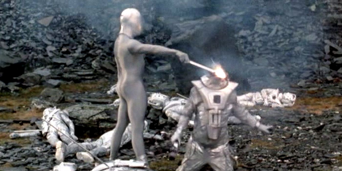 A Roston Robot slays a Cyberman in Doctor Who