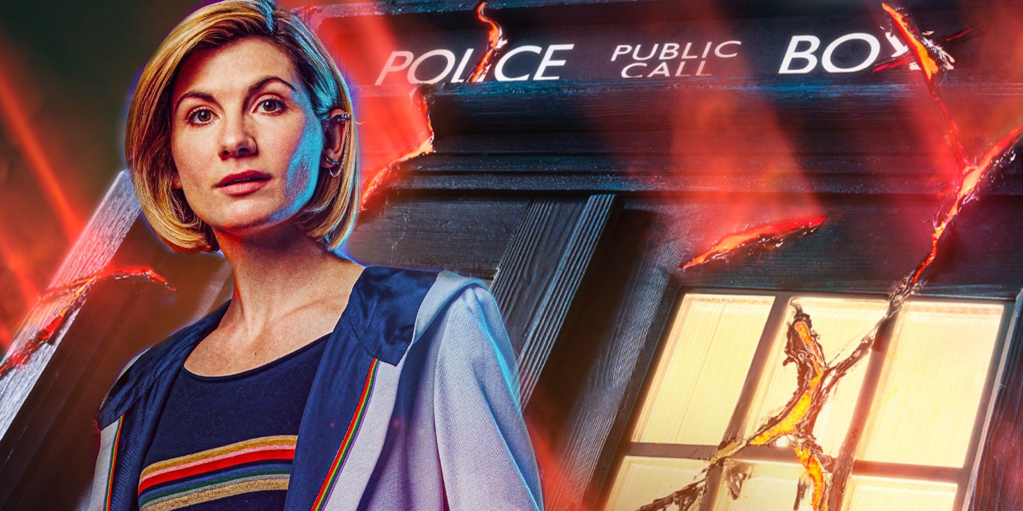 Jodie Whittaker as the Thirteenth Doctor from Doctor Who outside the TARDIS.