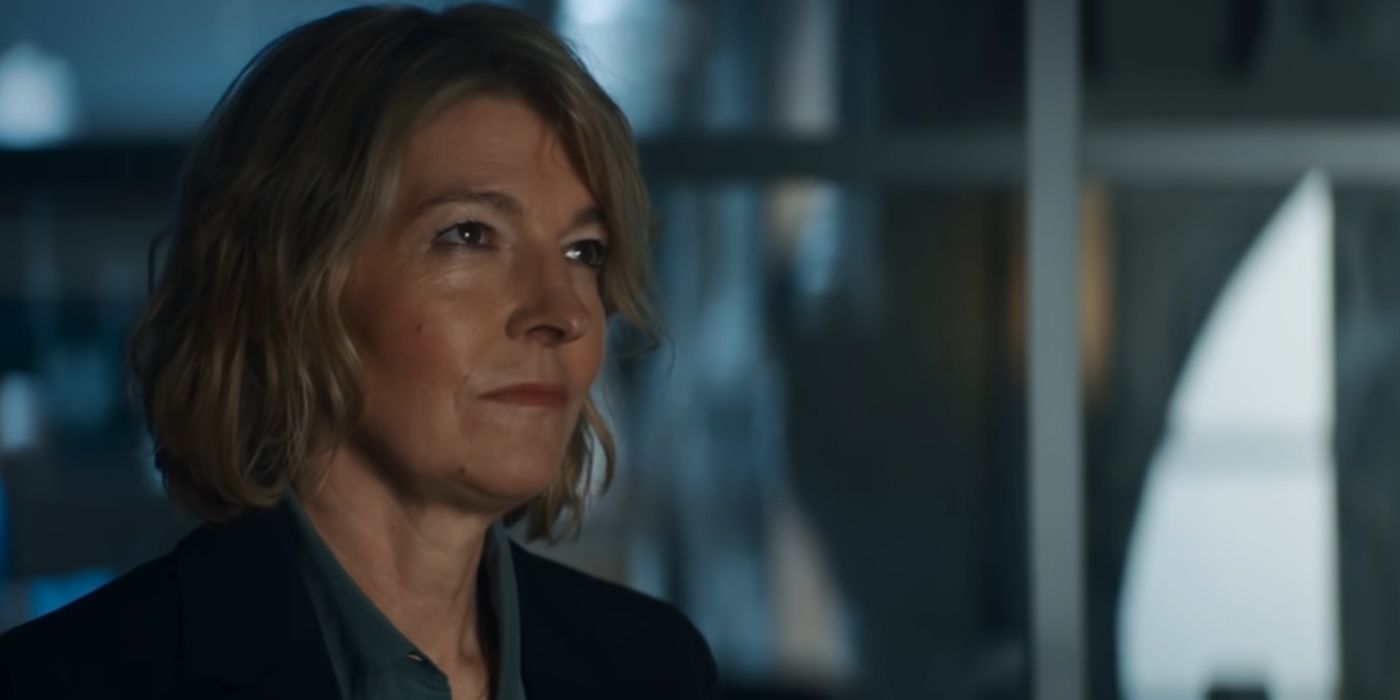Jemma Redgrave looking serious as Kate Lethbridge-Stewart in Doctor Who