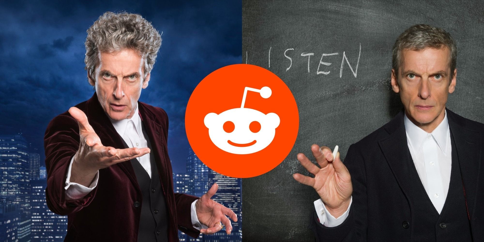 Split image showing the Twelfth Doctor with his hand reaching out and in front of a blackboard, and the Reddit logo