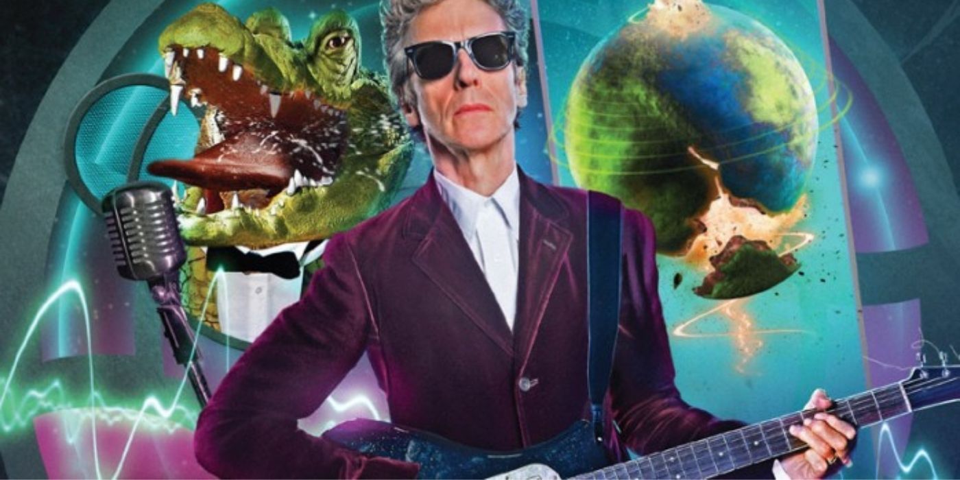 The Twelfth Doctor wearing black shades and holding a guitar in Doctor Who