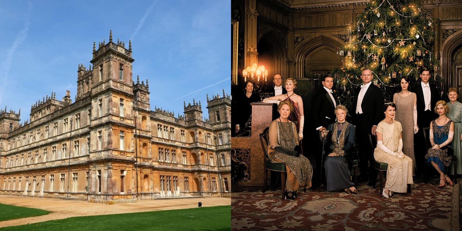 Split image of Downton Abbey itself next to an image of most of the main cast gathered together