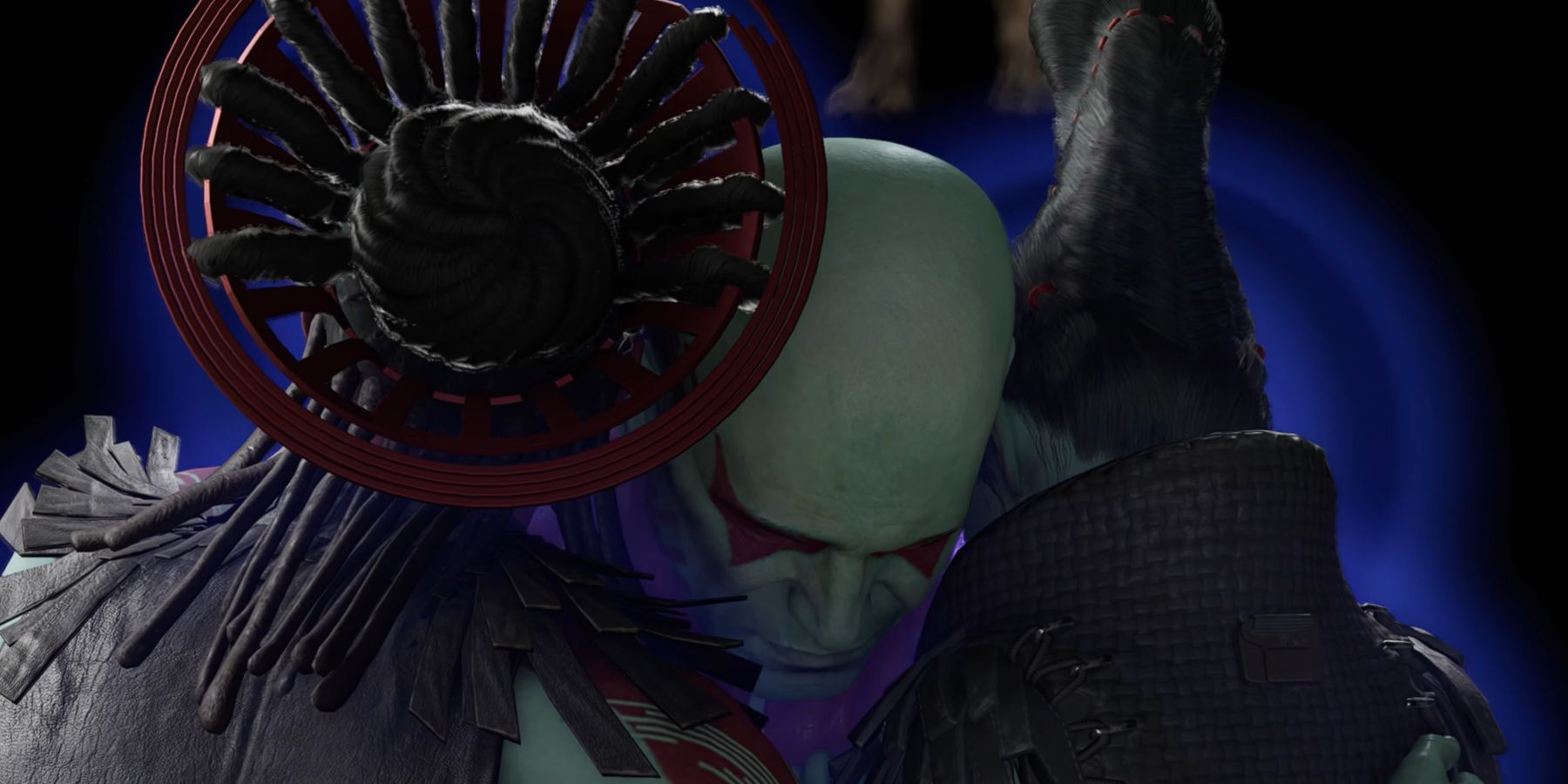 Drax embracing while stabbing his wife and daughter in Marvel's Guardians Of The Galaxy