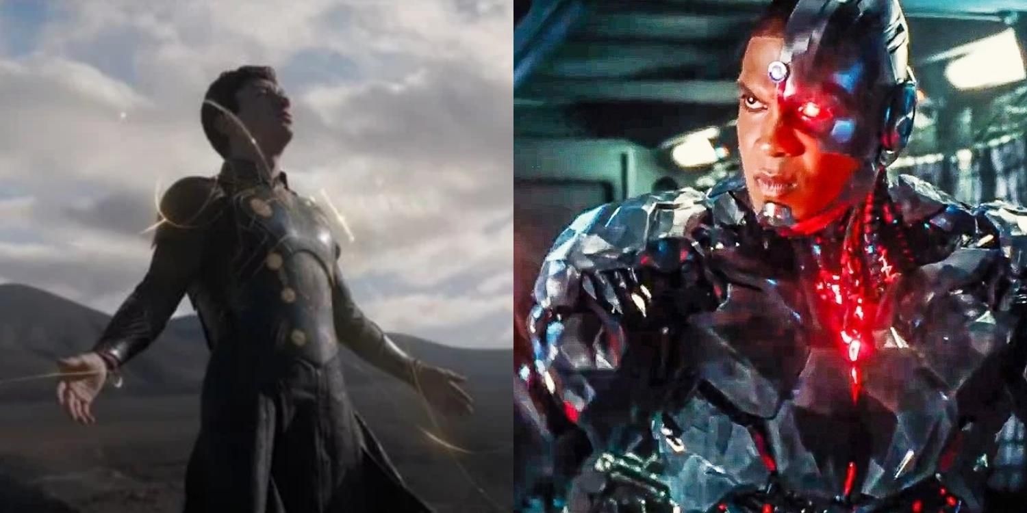 Druig with his arms spread in a barren landscape and a closeup of Cyborg with glowing lights