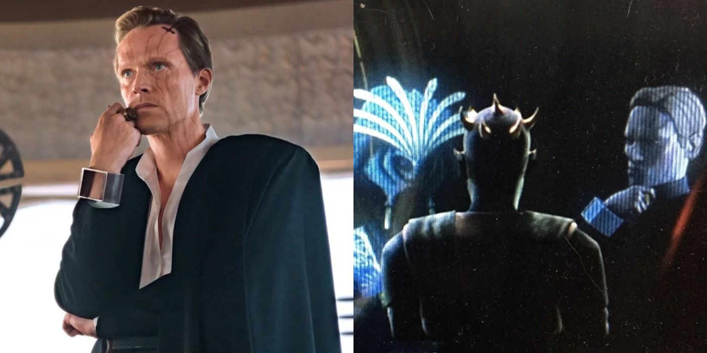 Split image of Vos in Solo and Maul meeting with his hologram in Clone Wars