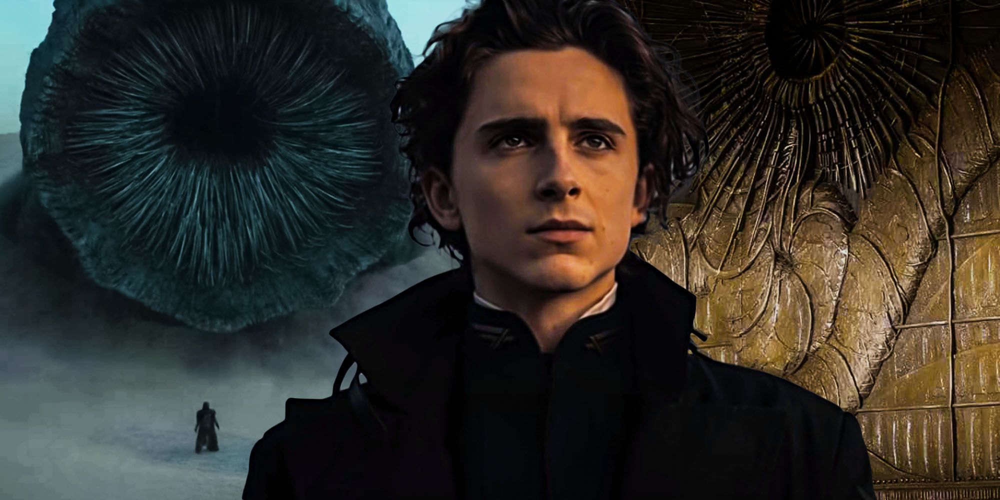 Blended image of the giant sandworms and Paul Atreides in Dune