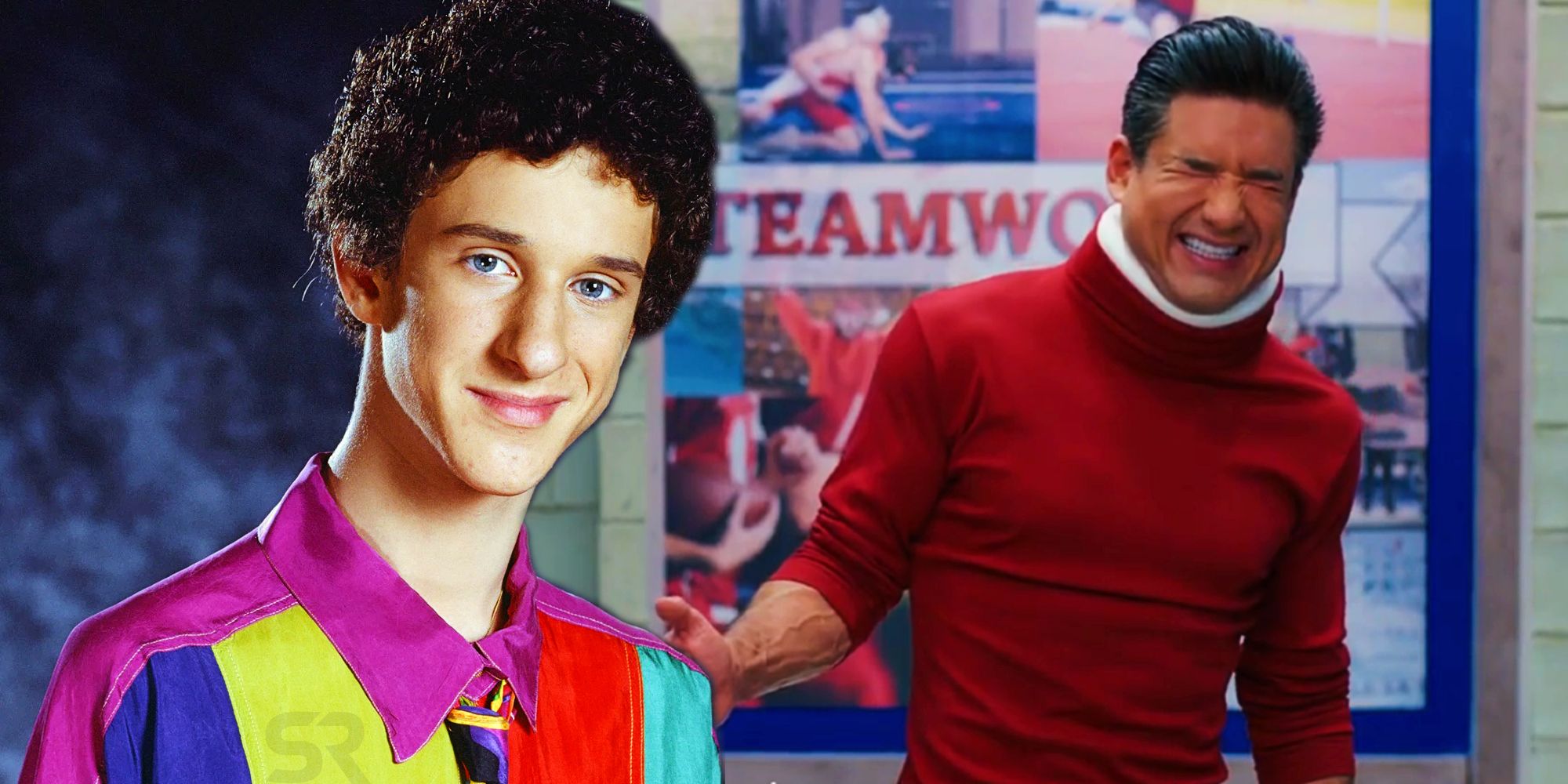 Dustin Diamond as Screech and Mario Lopez as Slater in Saved by the Bell