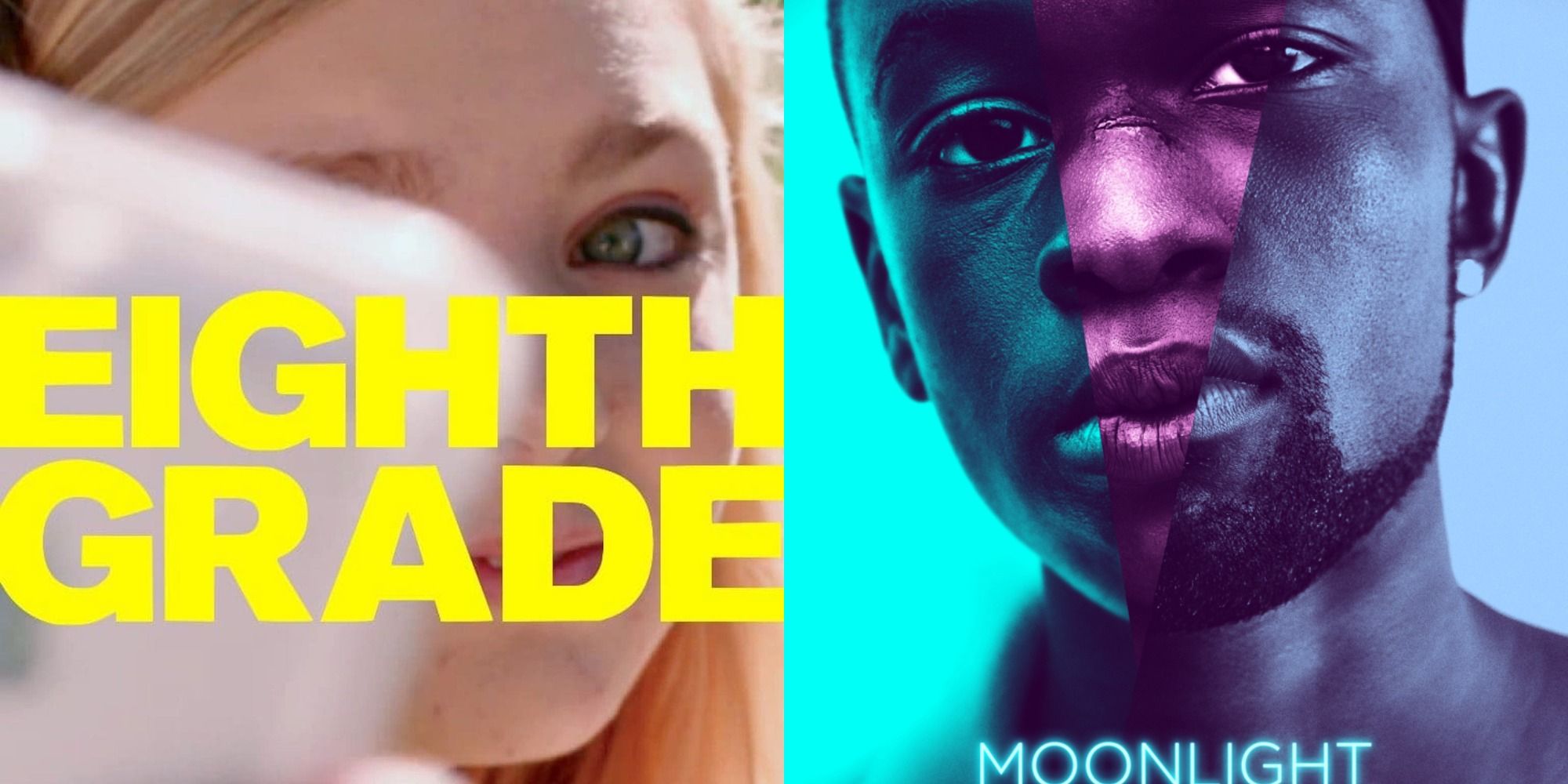 Split image showing the posters of Eighth Grade and Moonlight