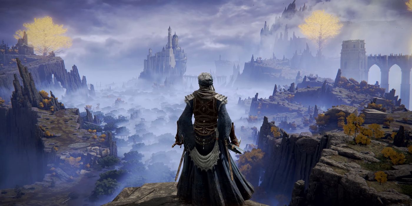 A character on a cliff facing an open and misty space in Elden Ring