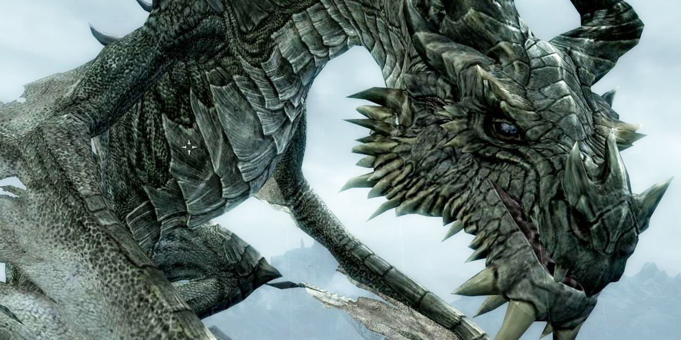 Um grande dragão observa de Skyrim
