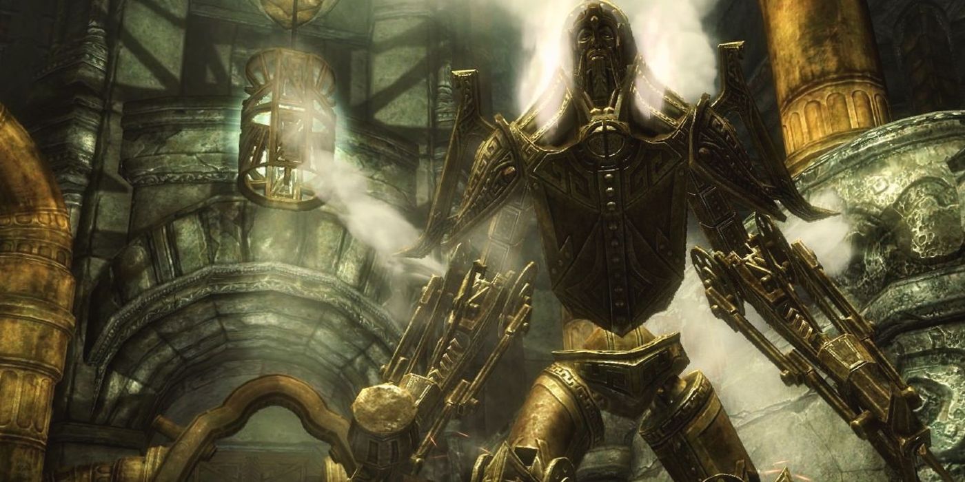A Dwemer construct from The Elder Scrolls 5: Skyrim. The construct is in some Dwemer ruins and towers menancingly over the player.