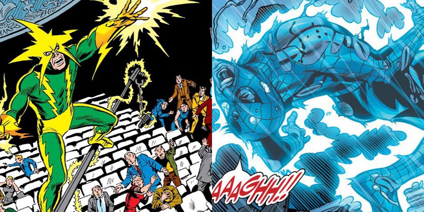 Split image of Electro and Spider-Man in Marvel comics.