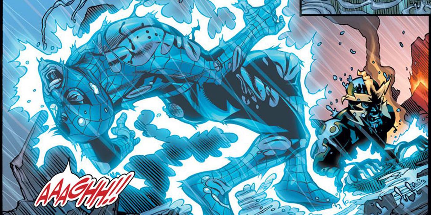 Electro attacks Spider-Man with electricity in Marvel comics.