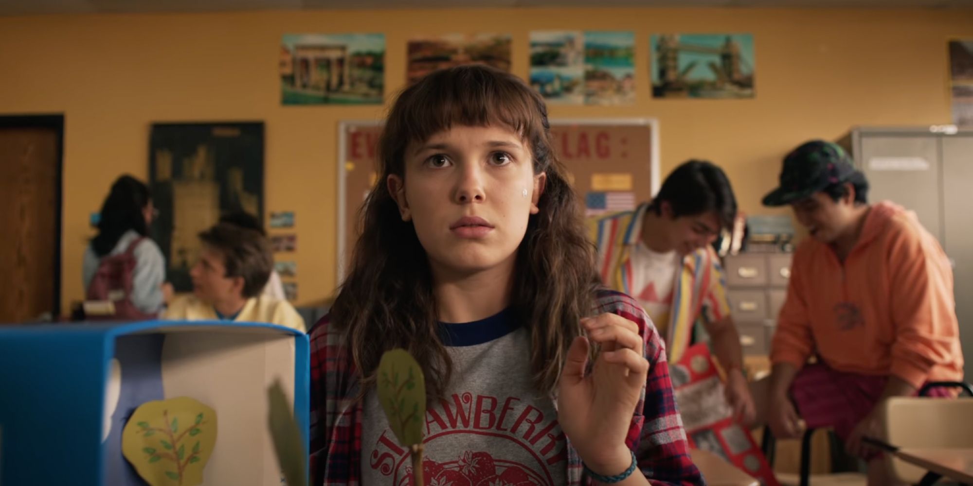 Eleven in class looking confused in Stranger Things season 4