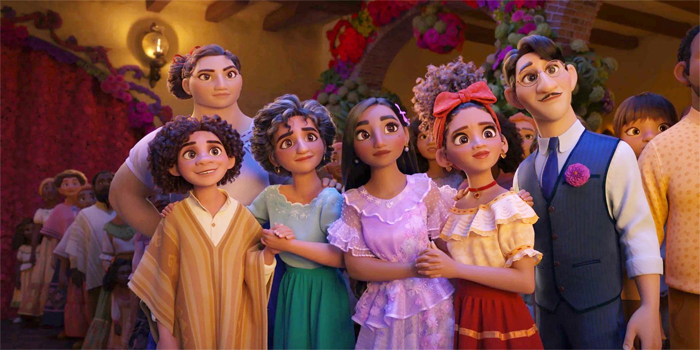 The Madrigal family gathers to look at something in Disney's Encanto.