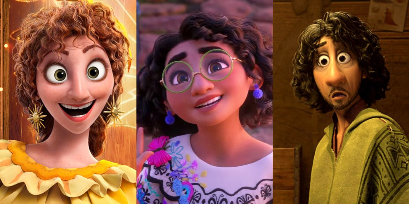 Split image of Pepa smiling, Mirabel, and Bruno looking shocked in Disney's Encanto