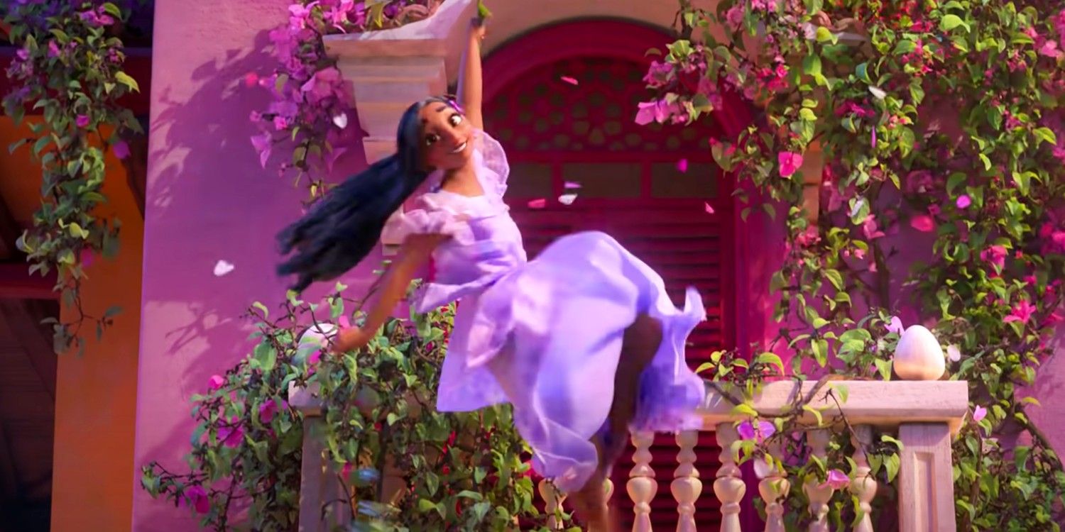 Isabela swings on a green vine near a balcony in Encanto.