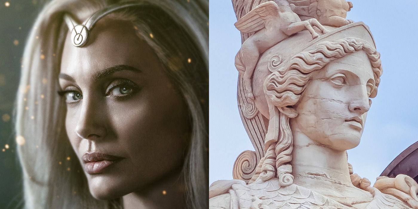 Split image showing Thena from Eternals and a statue of Athena