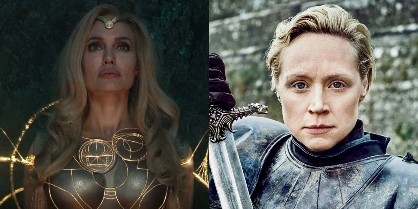 Split image showing Thena in Eternals and Brienne in GOT