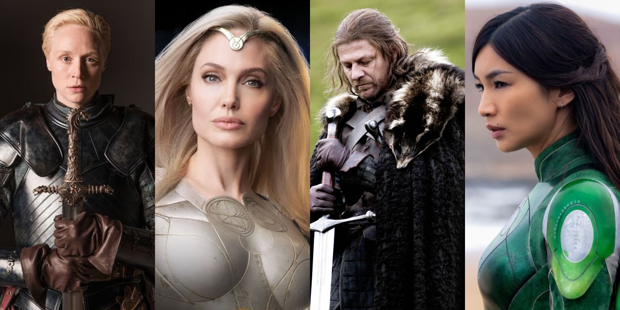 Split image showing Thena and Sersi in Eternals and Brienne and Ned in GOT