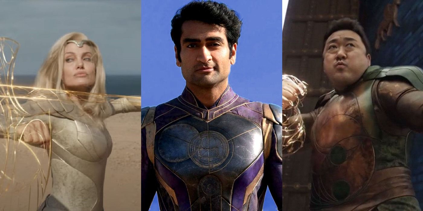 Split image of Thena, Kingo, and Gilgamesh from The Eternals movie.