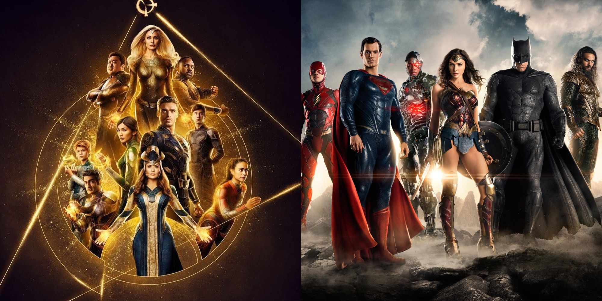 Split image of the Eternals in the MCU and the Justice League in the DCEU