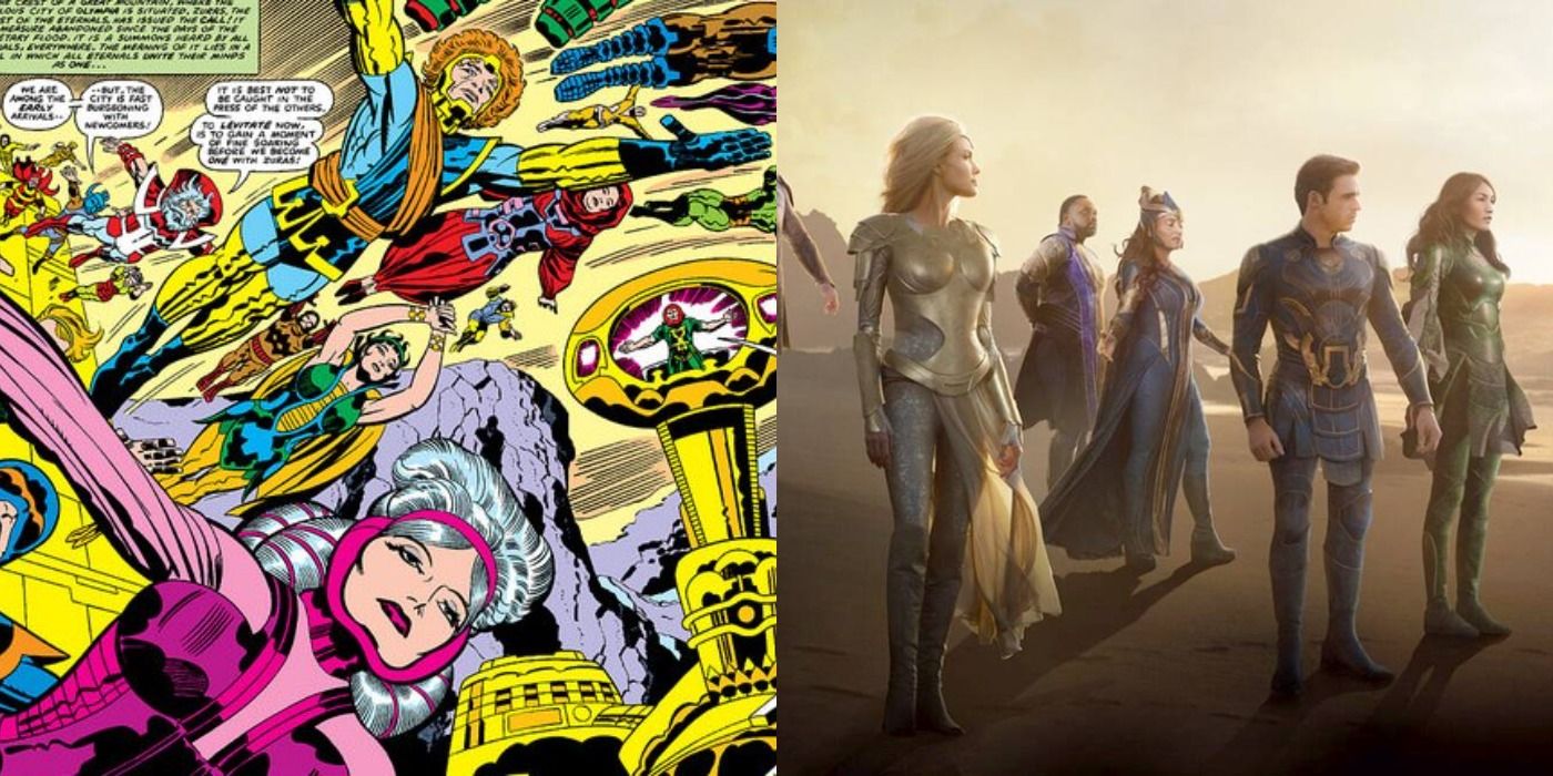 Split image of Eternals from Marvel Comics and from the MCU.