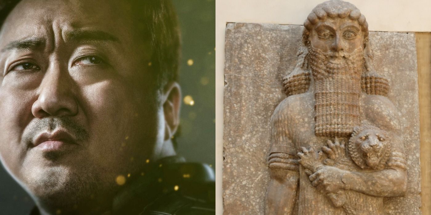 Split image showing Gilgamesh from Eternals and a tablet of Gilgamesh