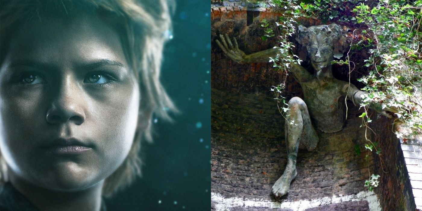 Split image showing Sprite from Eternals and a sculpture of a Spriggan
