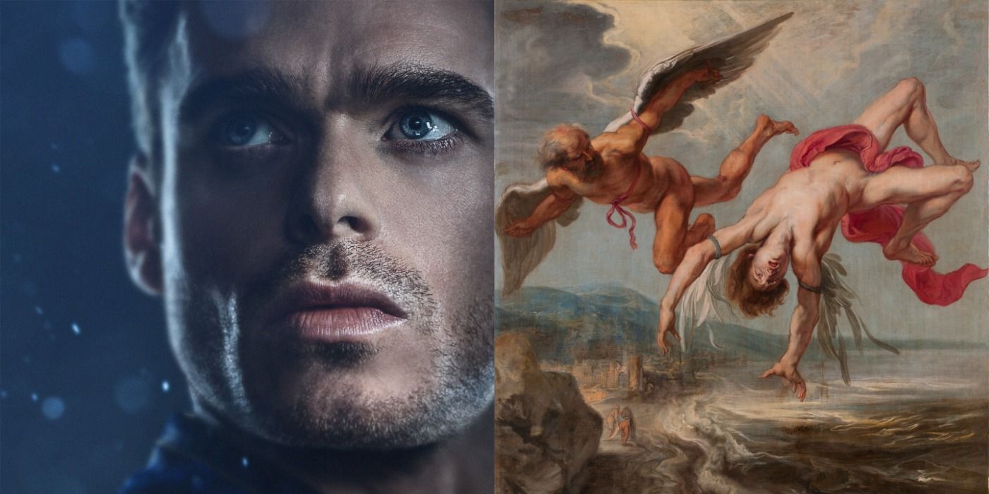 Split image showing Ikaris from Eternals and a painting of Icarus
