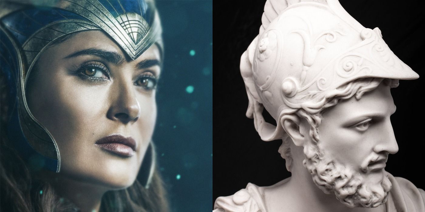 Split image showing Ajak from Eternals and a statue of Ajax