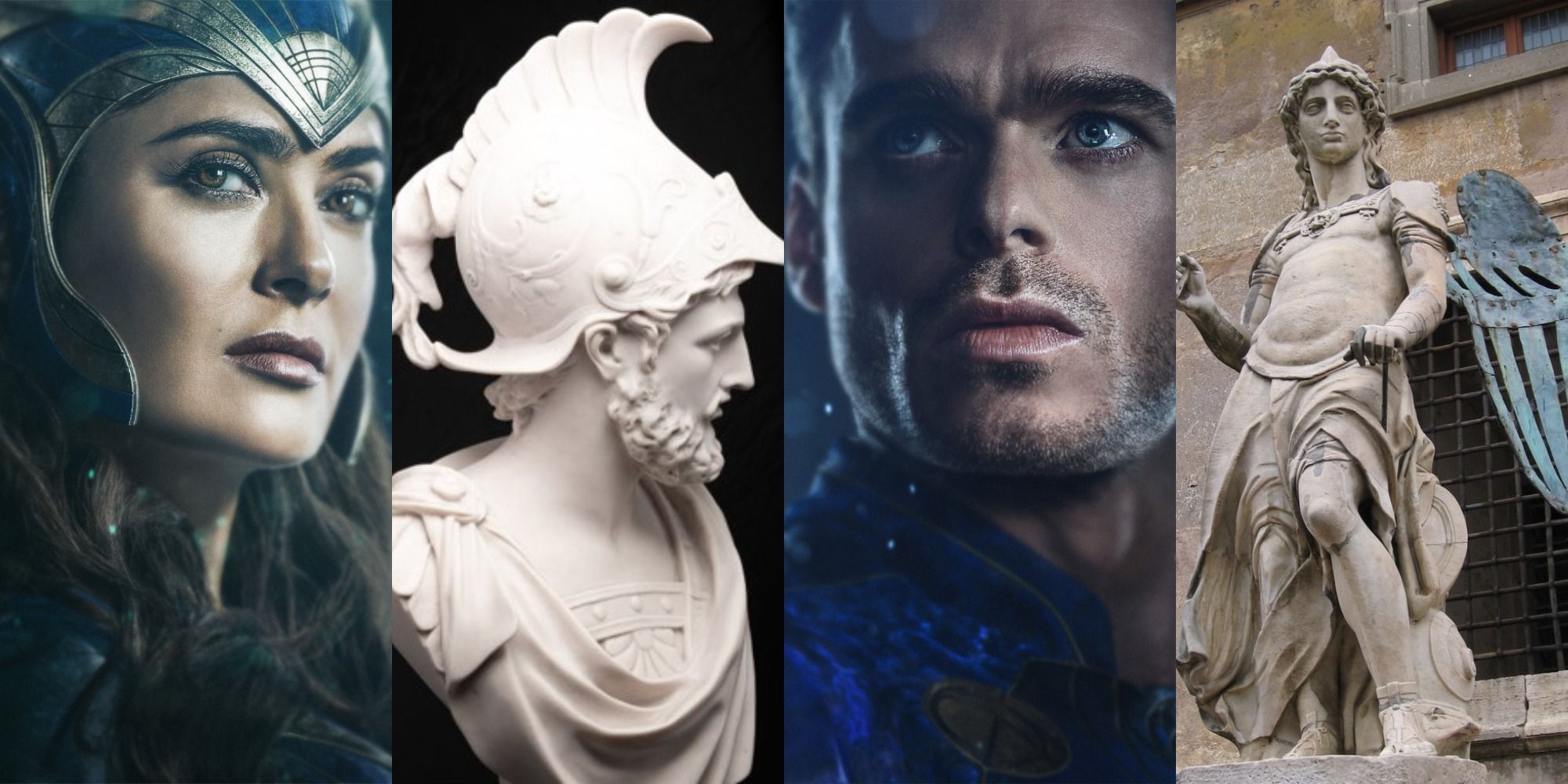 Split image showing Ajak and Ikaris from Eternals and statues of Ajax and Icarus
