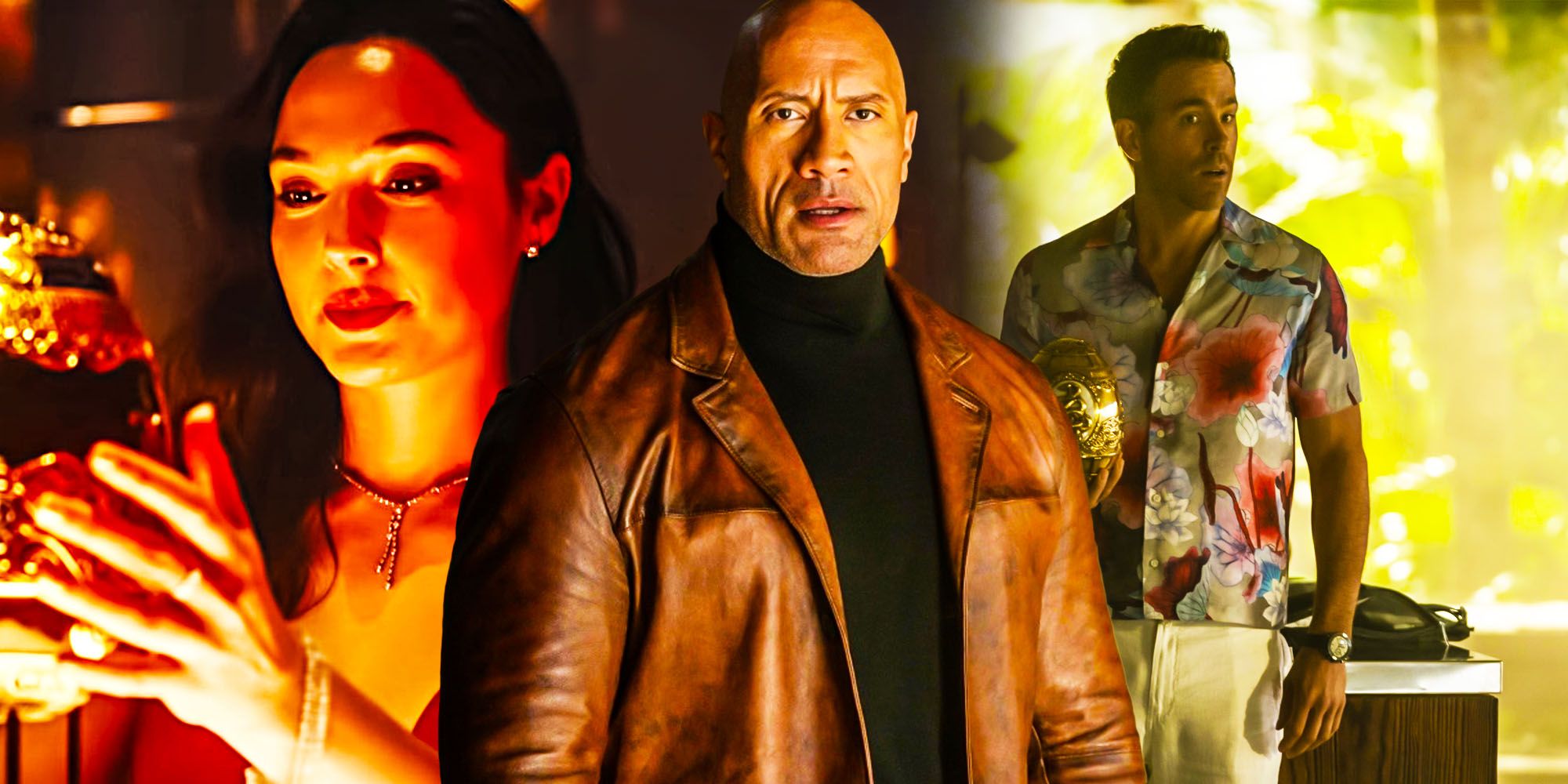 A blended image features Gal Gadot, Dwayne Johnson, and Ryan Reynolds in their Red Notice roles