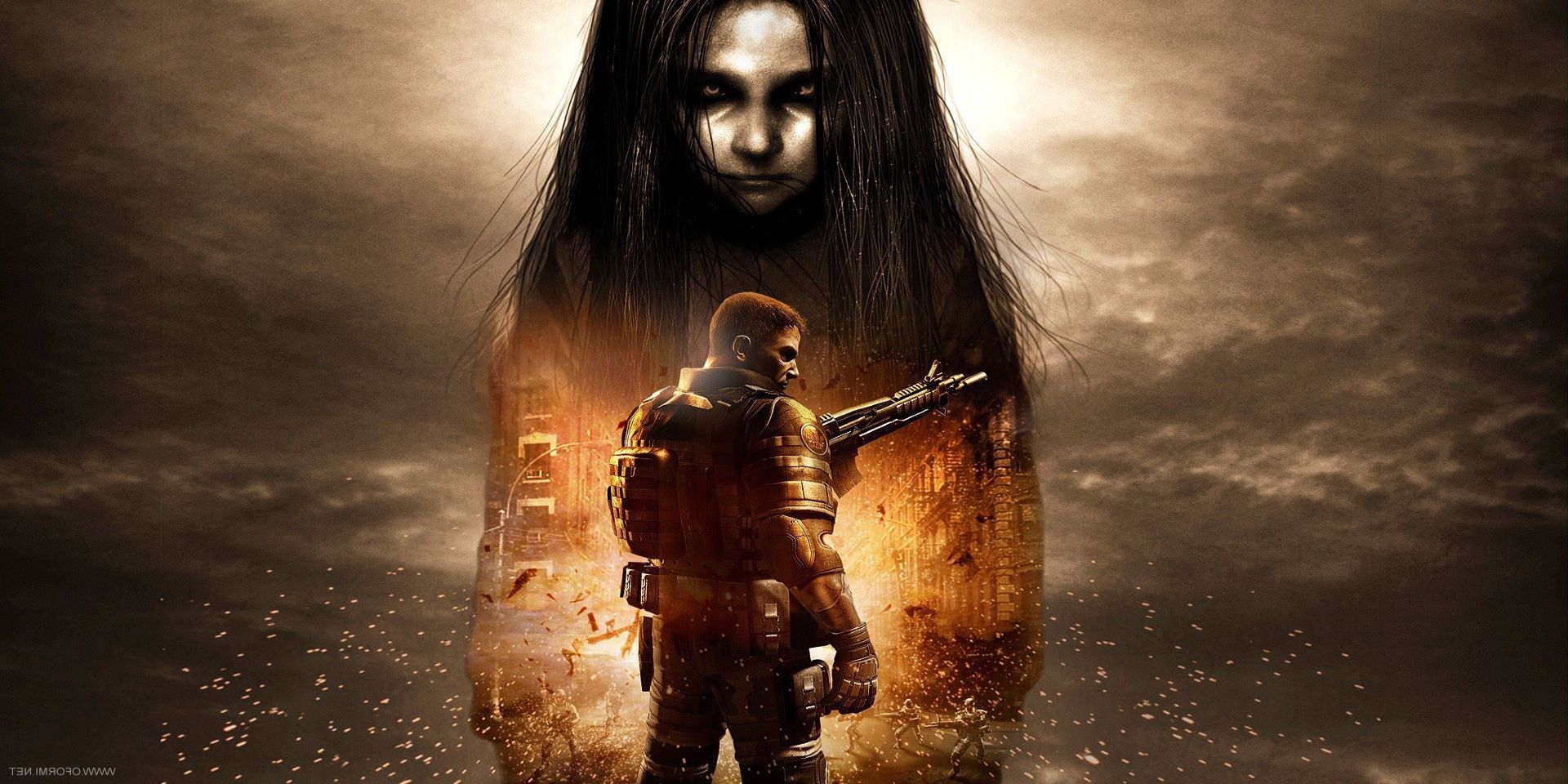A promotional image for the second game in the F.E.A.R. video game series.